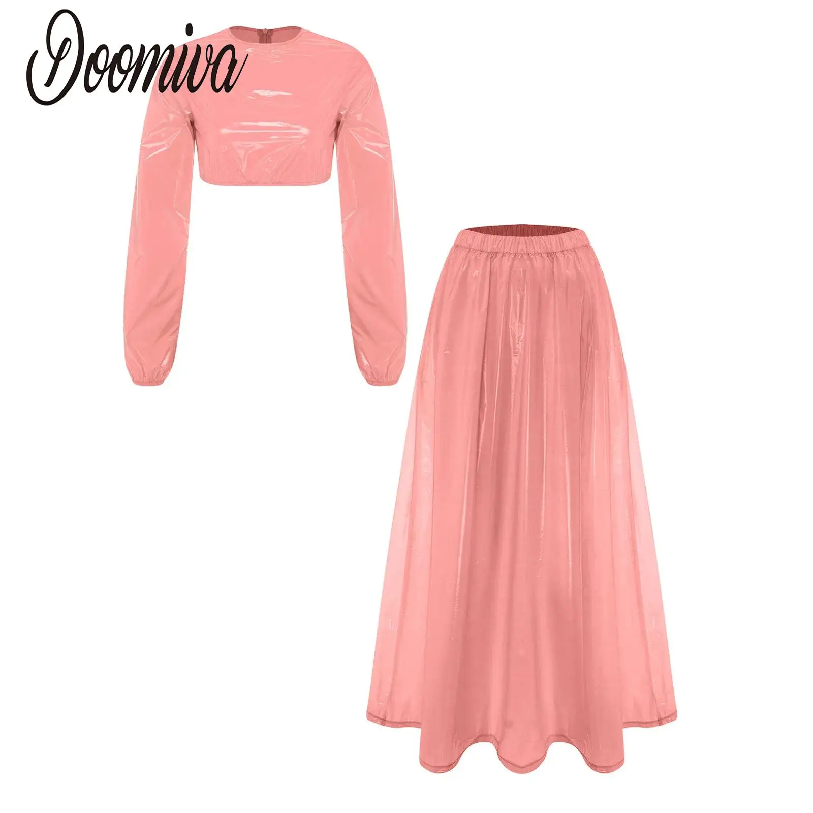 Women 2pcs Waterproof Outfit Glossy Rave Party Clubwear Outfit Long Sleeve Zipper Crop Sweat Top And Swing Maxi Skirt for Beach