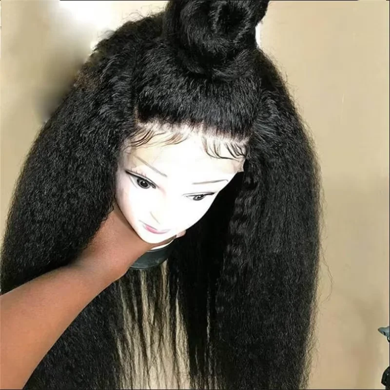 Pré-arrancado yaki macio 26 "longo kinky em linha reta natural preto 180 densidade peruca dianteira do laço para mulheres babyhair natural linha fina diariamente