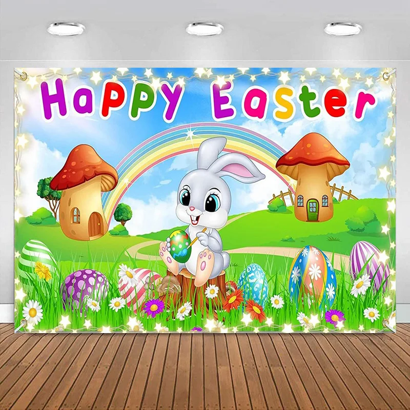 

Spring Easter Decorations Banner Backdrop Happy Easter Party Decor Colorful Rainbow Bunny Photography Background Birthday Bunny