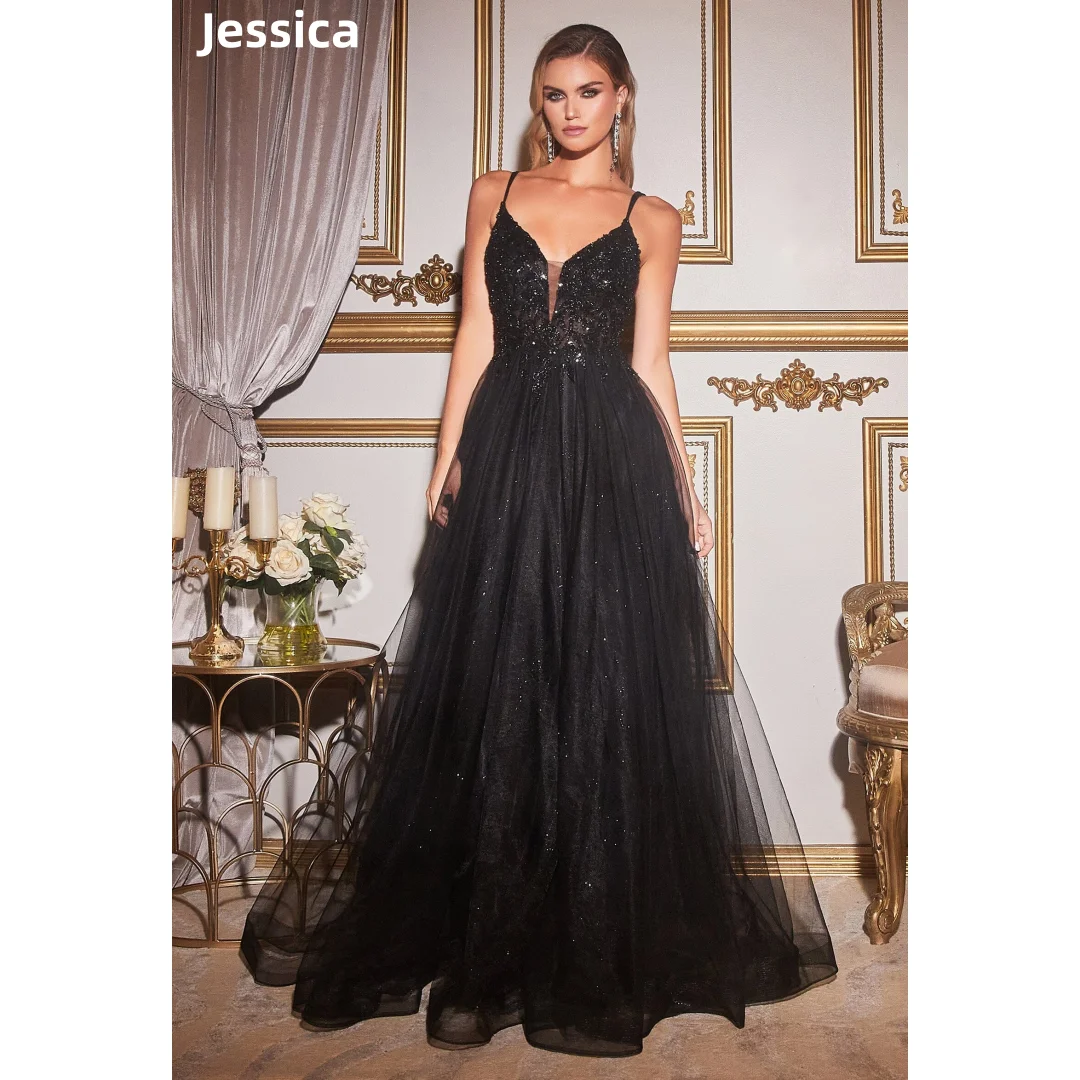 Jessica Sweetheart Black Wedding Dress Beaded Glitter Tulle Sequins Prom Dresses A-line Elegant Lady Bespoke Occasion Dresses