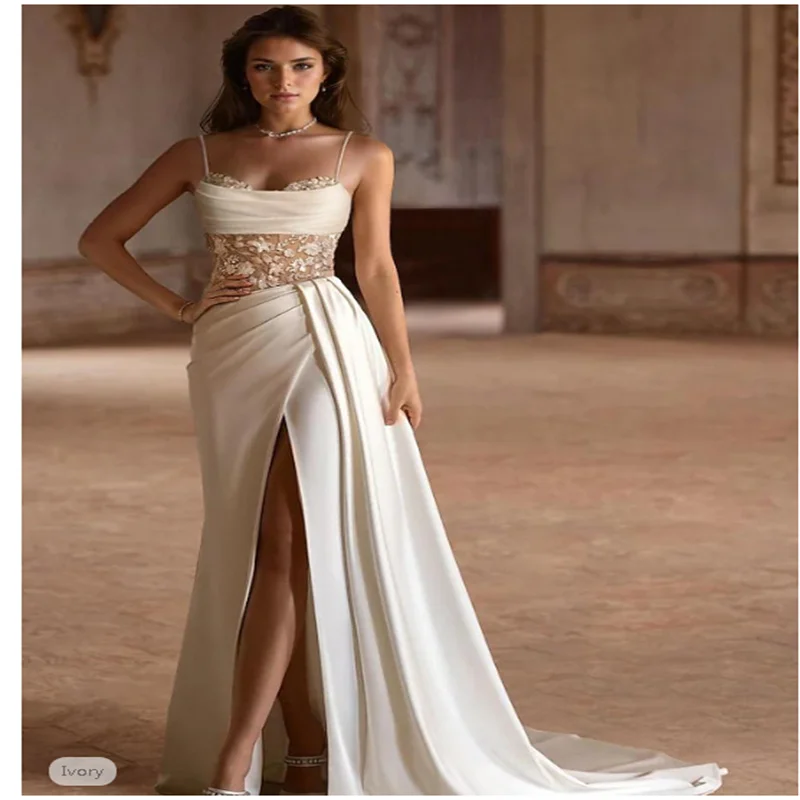 

Beach Formal Boho Simple Wedding Dress A-Line Scoop Neck Spaghetti Strap Sweep / Brush Train Satin Bridal Gowns With Pleats Bead