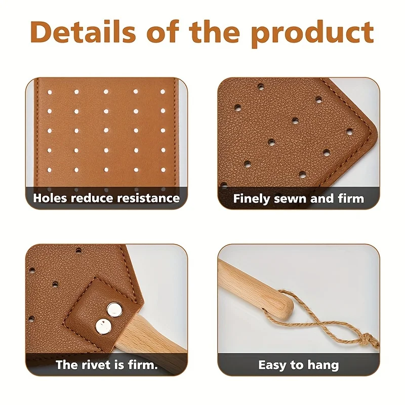 A Sturdy Fly Swatter, Made of Brown Leather and Equipped with a Beech Long Handle, Suitable for Both Indoor and Outdoor Use