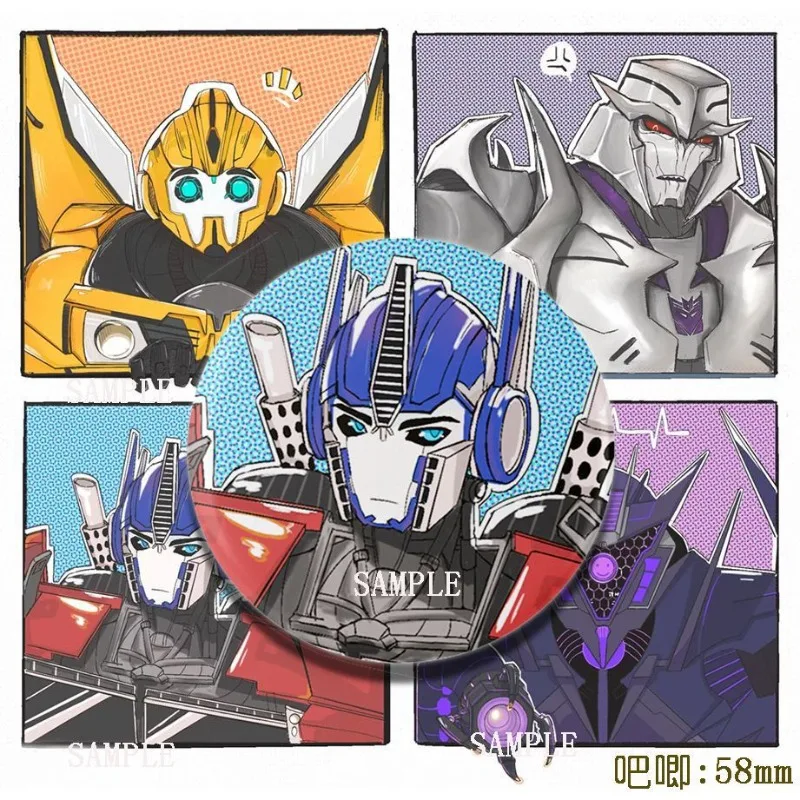 変身周辺バッジ 4 個: オプティマスプライム バンブルビー、メガトロン ロボット 学生ギフト スクールバッグペンダント 58mm