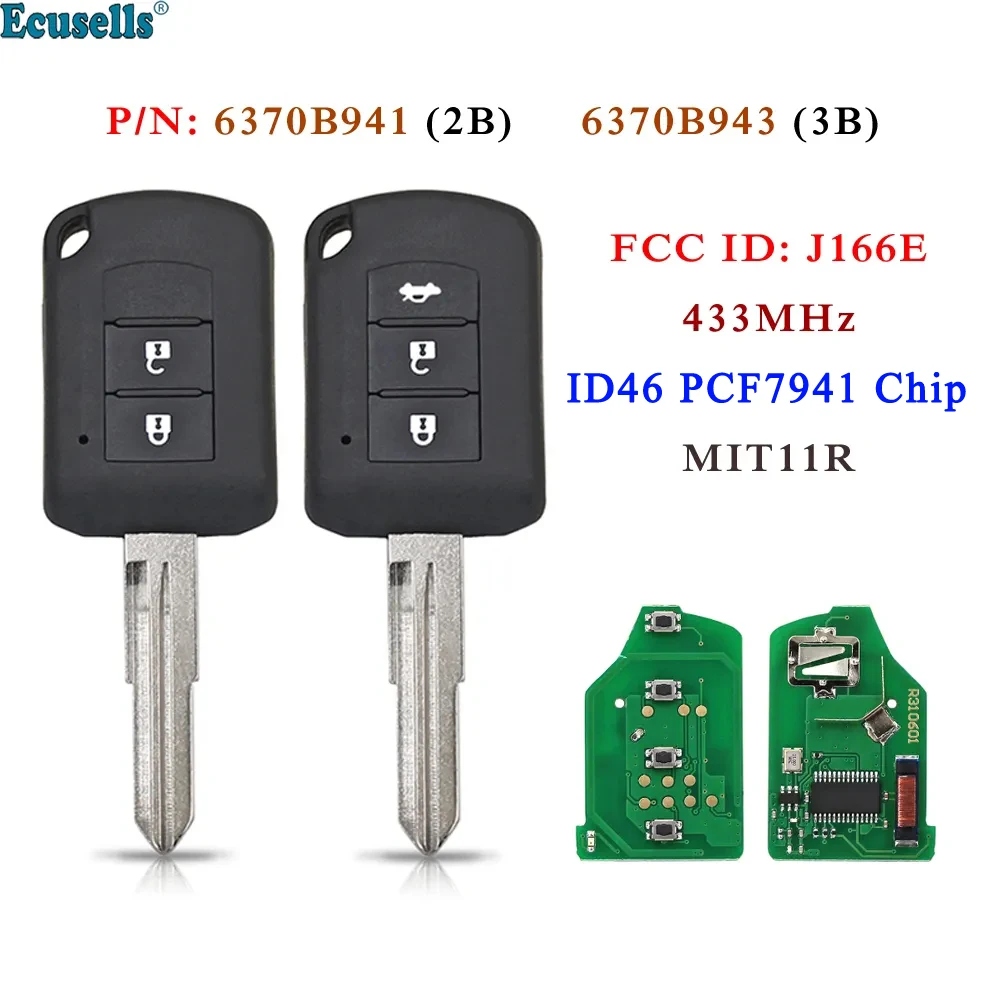 

Ecusells 2/3 Button Remote Key 433MHz ID46 PCF7941 Chip for Mitsubishi Lancer Mirage Outlander ASX FCC: J166E 6370B943 /6370941