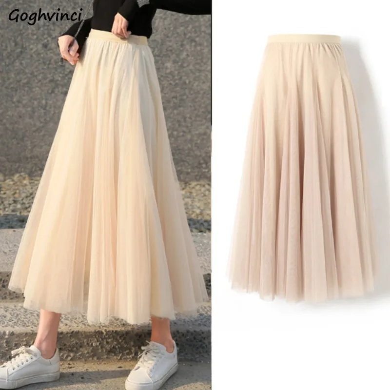 

Skirts Women Mesh Folds Korean Fashion Big Swing Dancing Gauze Female Solid Chic Mid-length Fairycore Sweet Spring Popular Ins