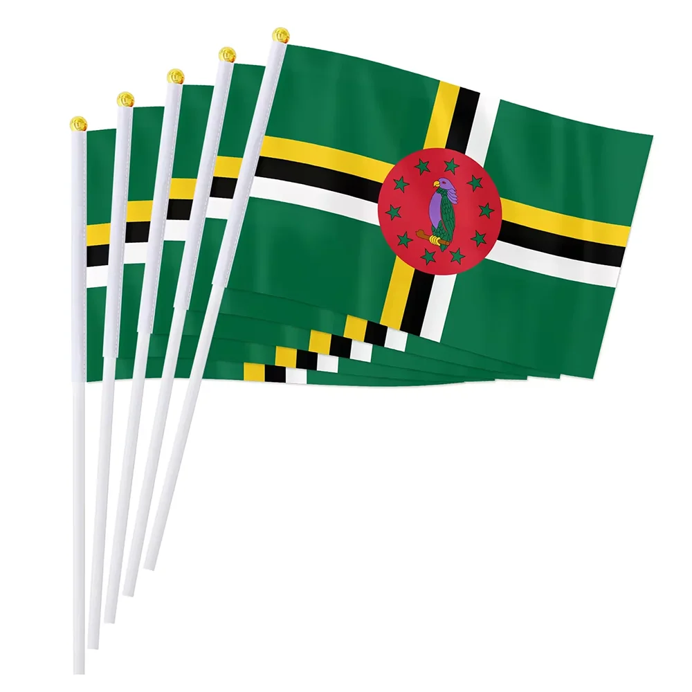 Dominica flag 14x21cm Polyester Fade-Resistance Dominica Hand Waving Flag with Plastic Flagpole for decoration