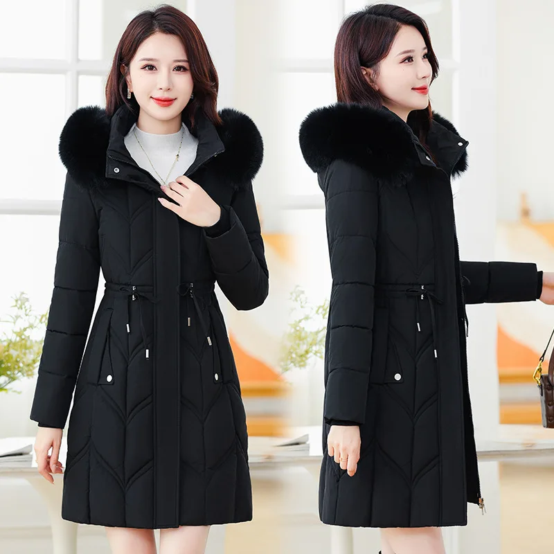 Women Jacket 2025 Winter New Loose Cotton-Padded Hooded Fur Collar Coat Oversize Female Parkas Snow Warm Mid Long Overcoat Parka