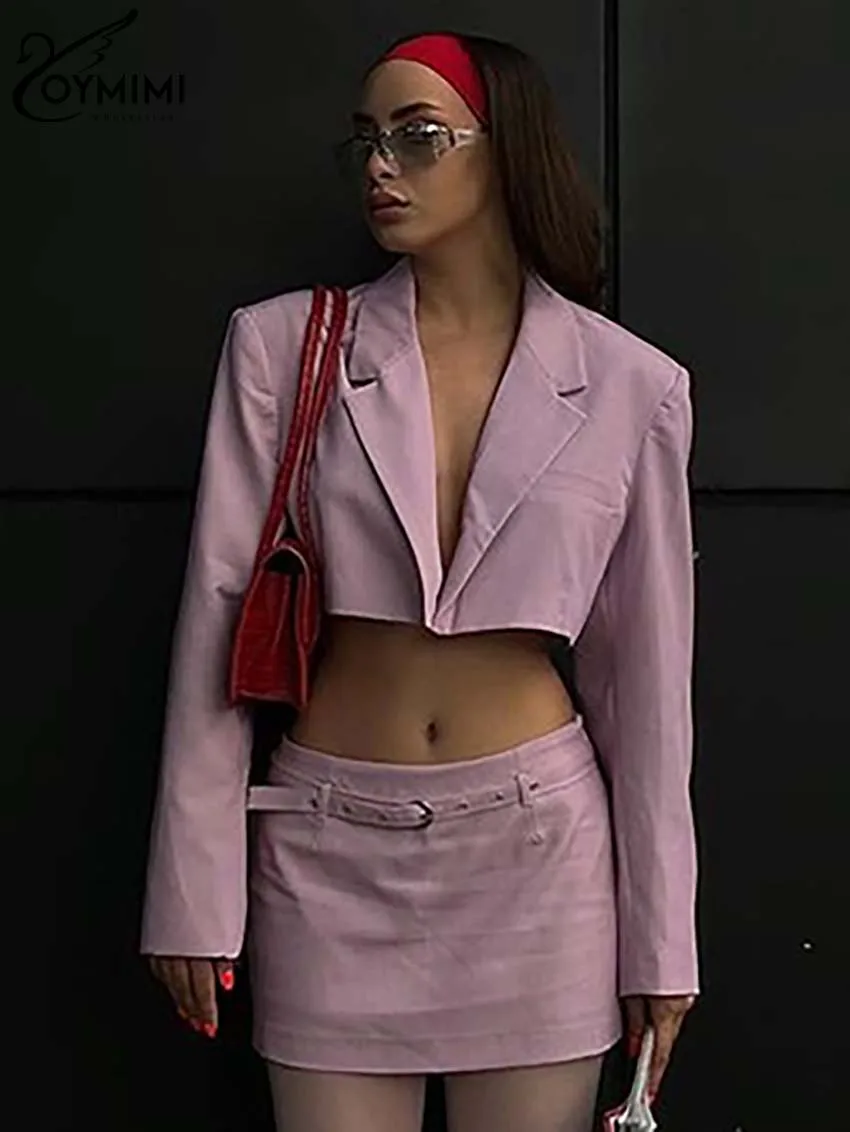 Oymimi Elegant Pink Slim Two Piece Set For Women Fashion Long Sleeve Single Button Crop Blazers And Straight Mini Skirts Sets