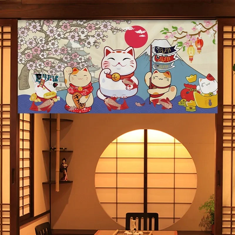 VIKAMA Lucky Cat Long Noren Curtain Japanese Style Maneki Neko Print Fabric Partition Curtain Home Shop Decor