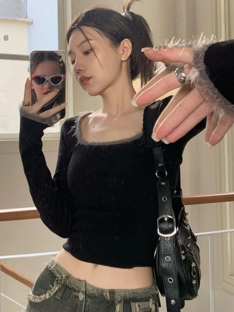 

Pullovers Women Cropped Slim Knitwear Sexy Autumn Long Sleeve Sweaters Casual Vintage Square Collar Korean Females Pulls Mujer