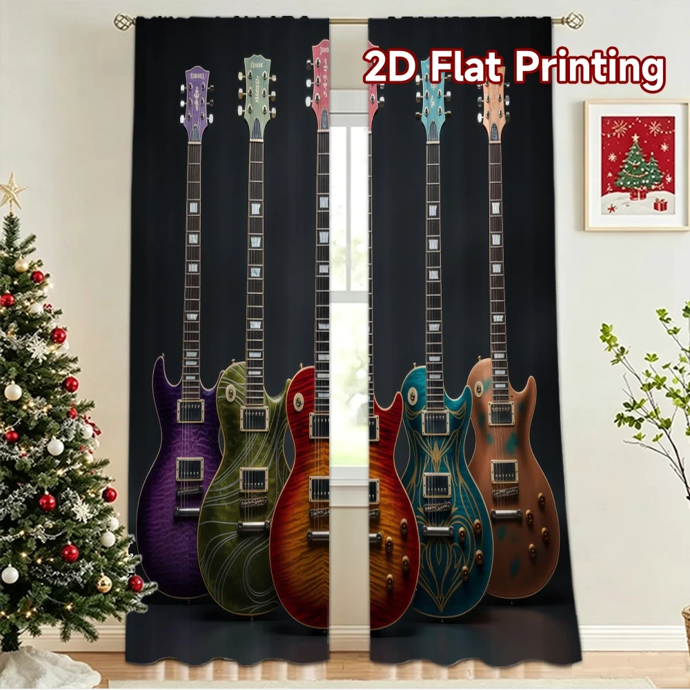 2D flat 2pcs Curtain Vintage drapes and curtains Colorful Guitars Digitally printed polyester Holiday Decorations Perfect for
