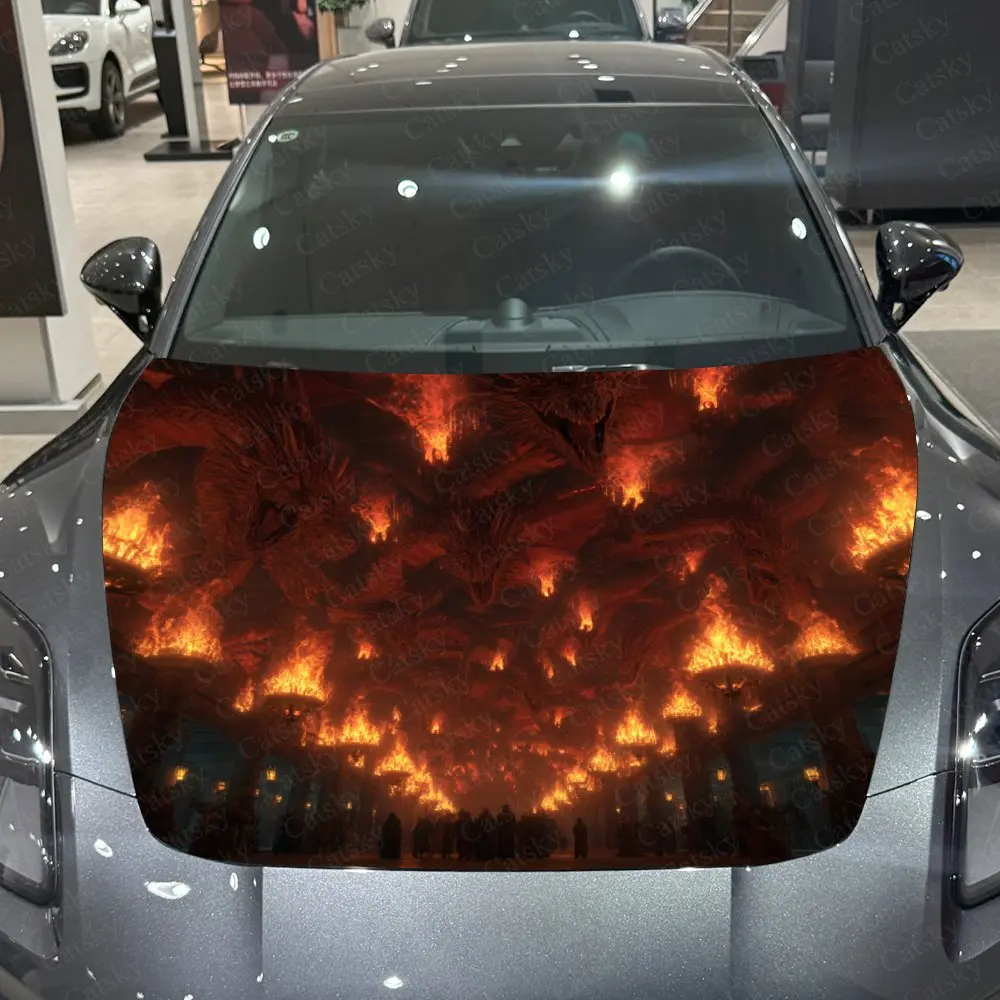 Adesivo de capô de carro Flame Dragon, decoração de carro autoadesiva à prova d'água de PVC resistente a arranhões
