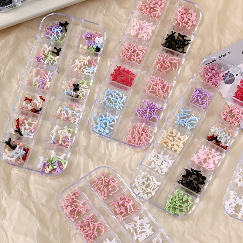 12 Grid Multiple Colors Bowknots Nail Art Charms Mini Adorable Line Bows Ties Resin Nail Decorations For DIY Earring Nail Suppli