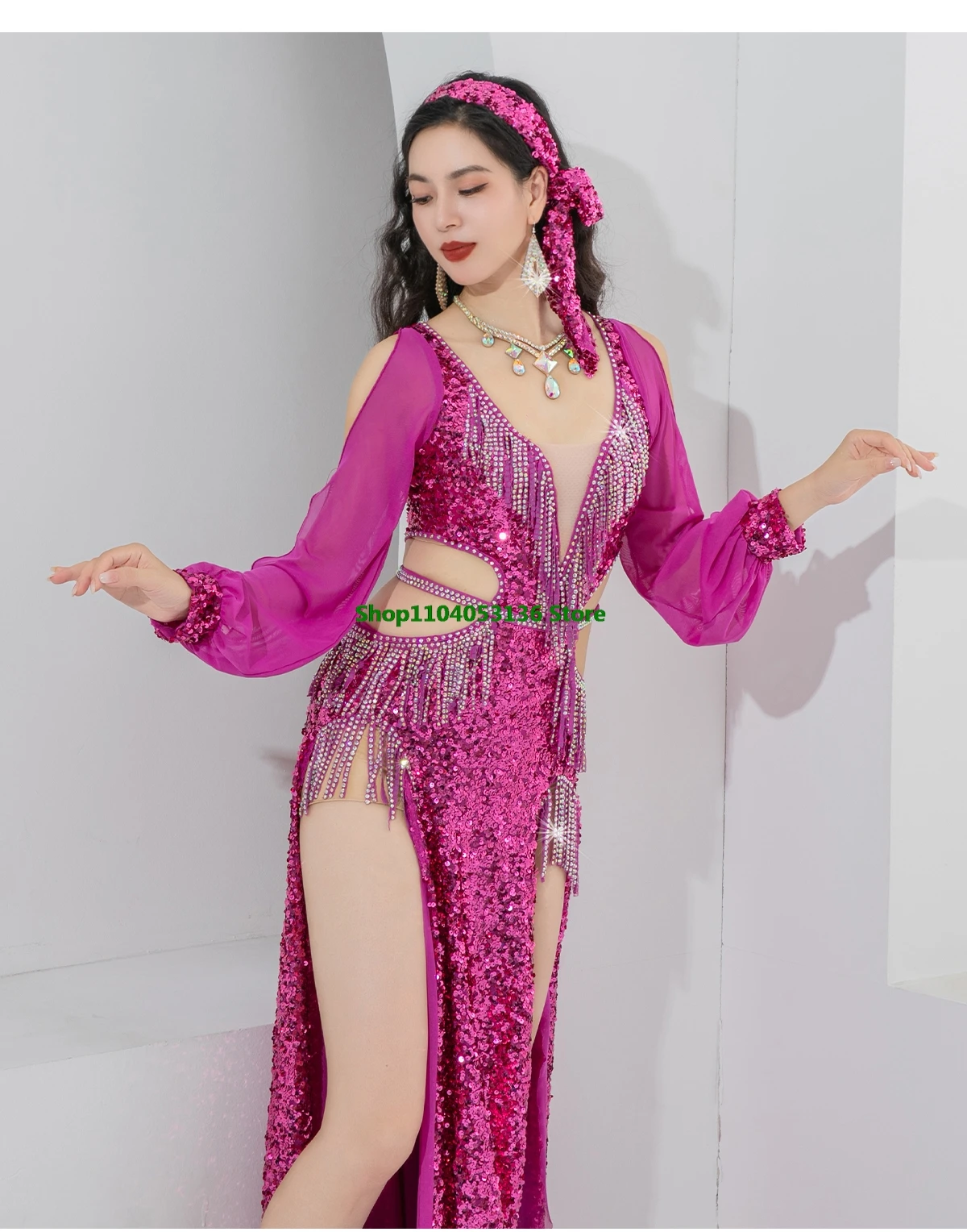 Vestido de lentejuelas brillantes, traje de danza del vientre egipcia, conjunto de actuación de grupo de competición, vestidos de manga larga con diadema