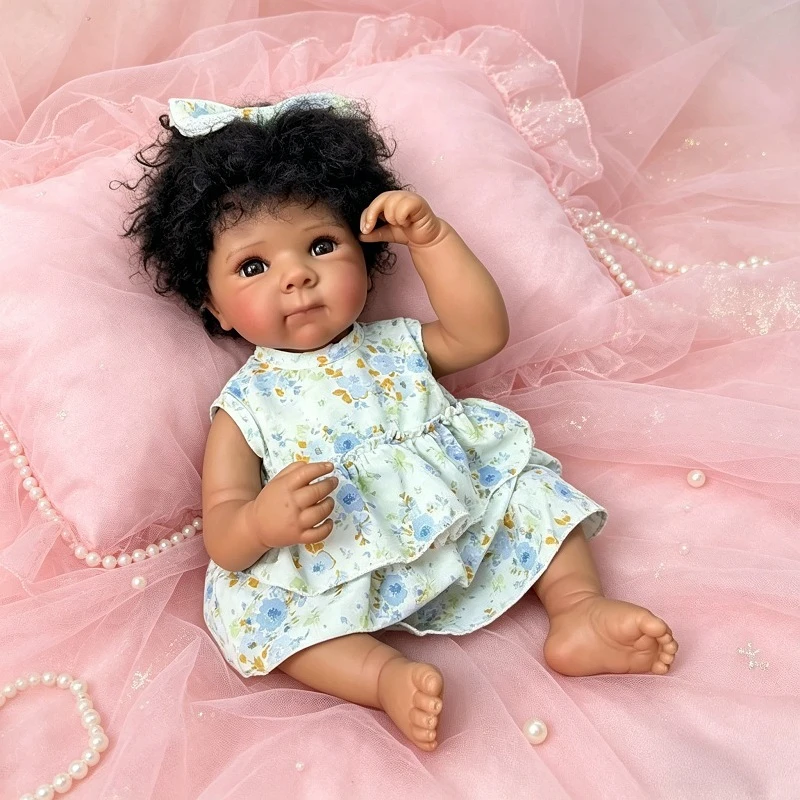 

48cm New Reborn Dark Skin Bettie Vinyl Body Girl Doll with Hand-rooted Hair Curly Hair Girl