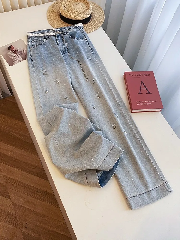 Vintage Women High Waist Hole Ripped Diamonds Wide Leg Pants Autumn Slim Fit Casual Straight Denim Pants Streetwear Female Jeans