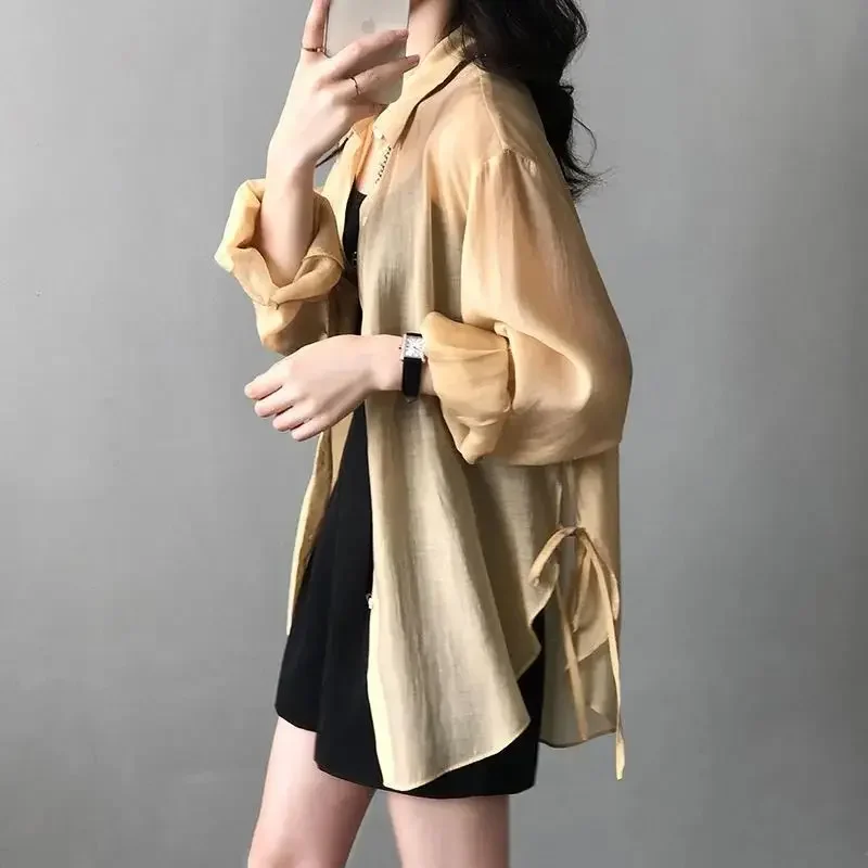 Cardigan con protezione solare in seta di ghiaccio Estate Nuovo top in chiffon versatile sottile allentato Protezione UV Camicia da donna a maniche lunghe in tinta unita
