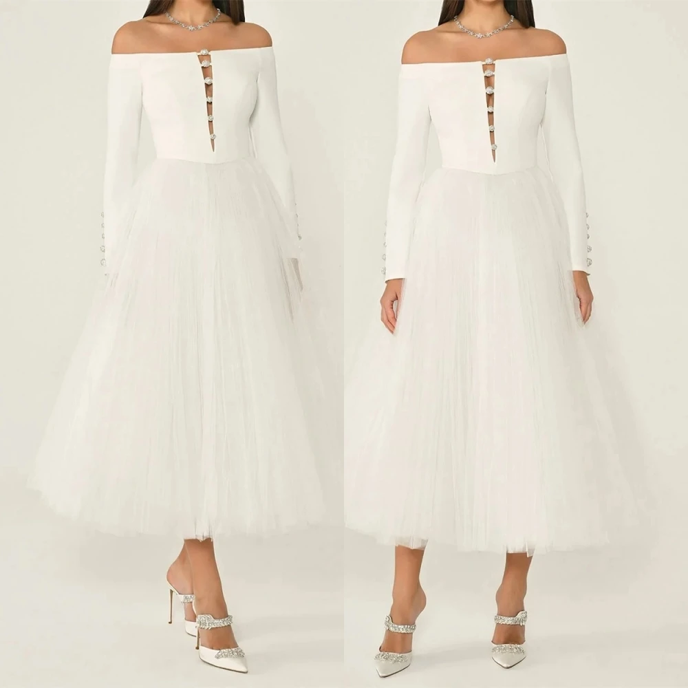 فستان سهرة مخصص رشيق من الأورجانزا على شكل حرف a برقبة قارب وأكمام طويلة فساتين لحضور الحفلات الموسيقية الفاخرة للمناسبات الخاصة