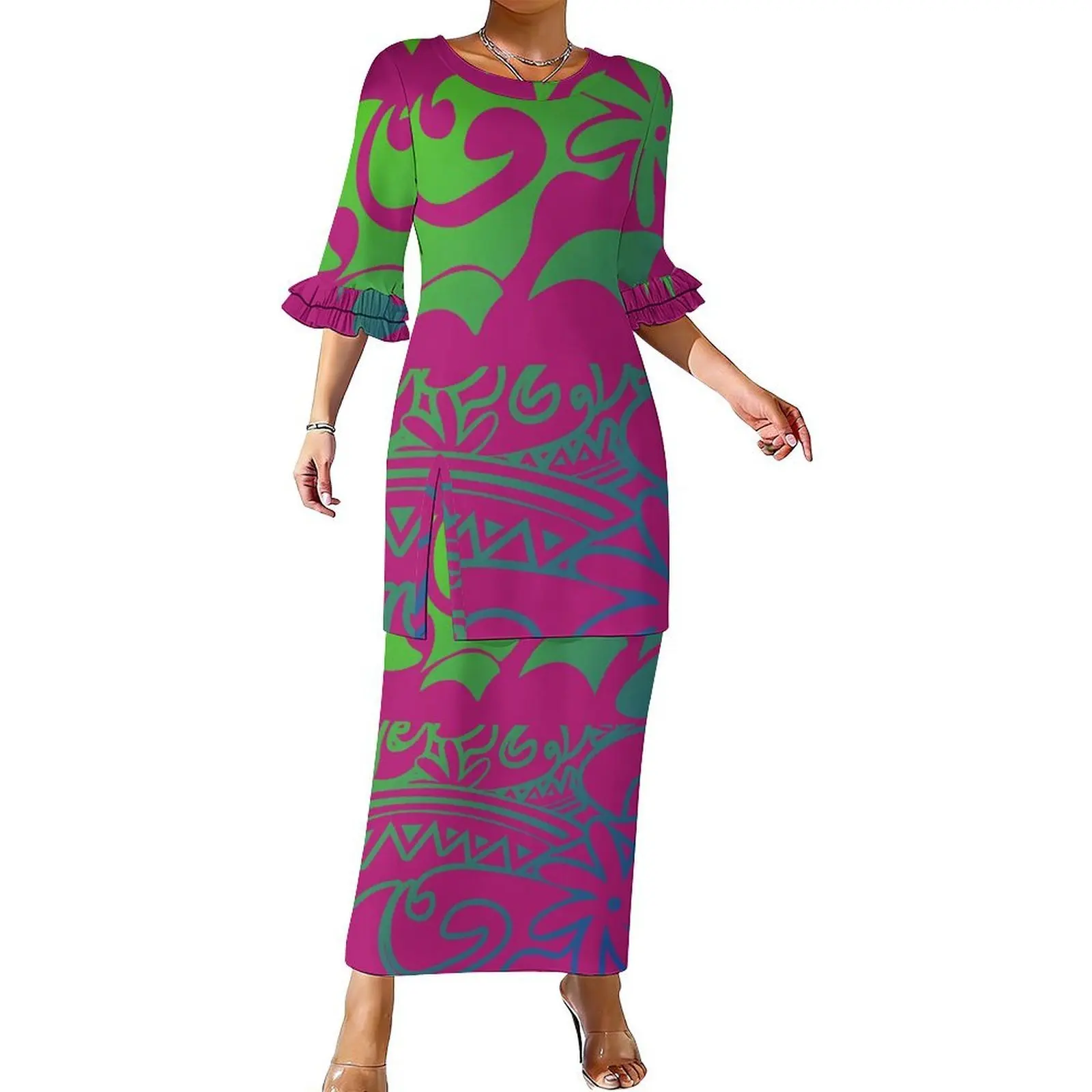 Customized Wholesale Polynesian-Style Summer Round-Neck Design Double-Layer Ruffled Sleeve Women'S Puletasi Casual Suit Skirt