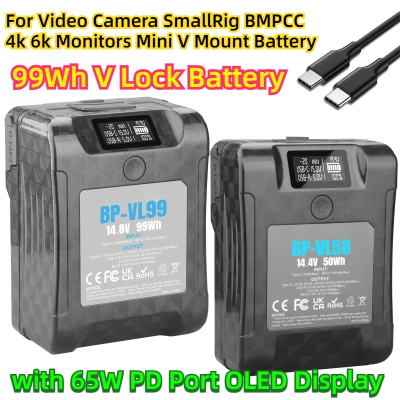 

For Video Camera SmallRig BMPCC 4k 6k Monitors Mini V Mount Battery 99Wh V Lock Battery with 65W PD Port OLED Display