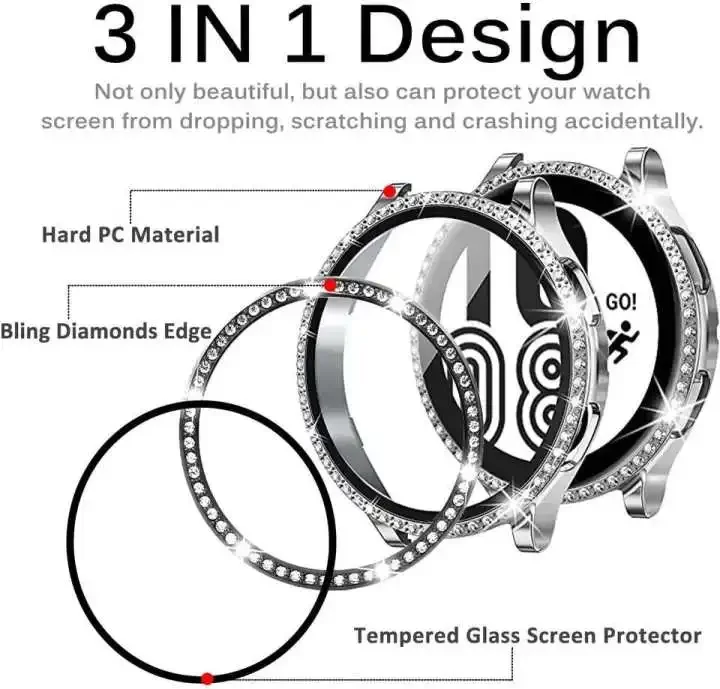 Funda protectora para Samsung Galaxy Watch 6, 5, 4, 40mm, 44mm, carcasa de PC de una sola fila con incrustaciones de diamantes, cubierta brillante, parachoques sin vidrio
