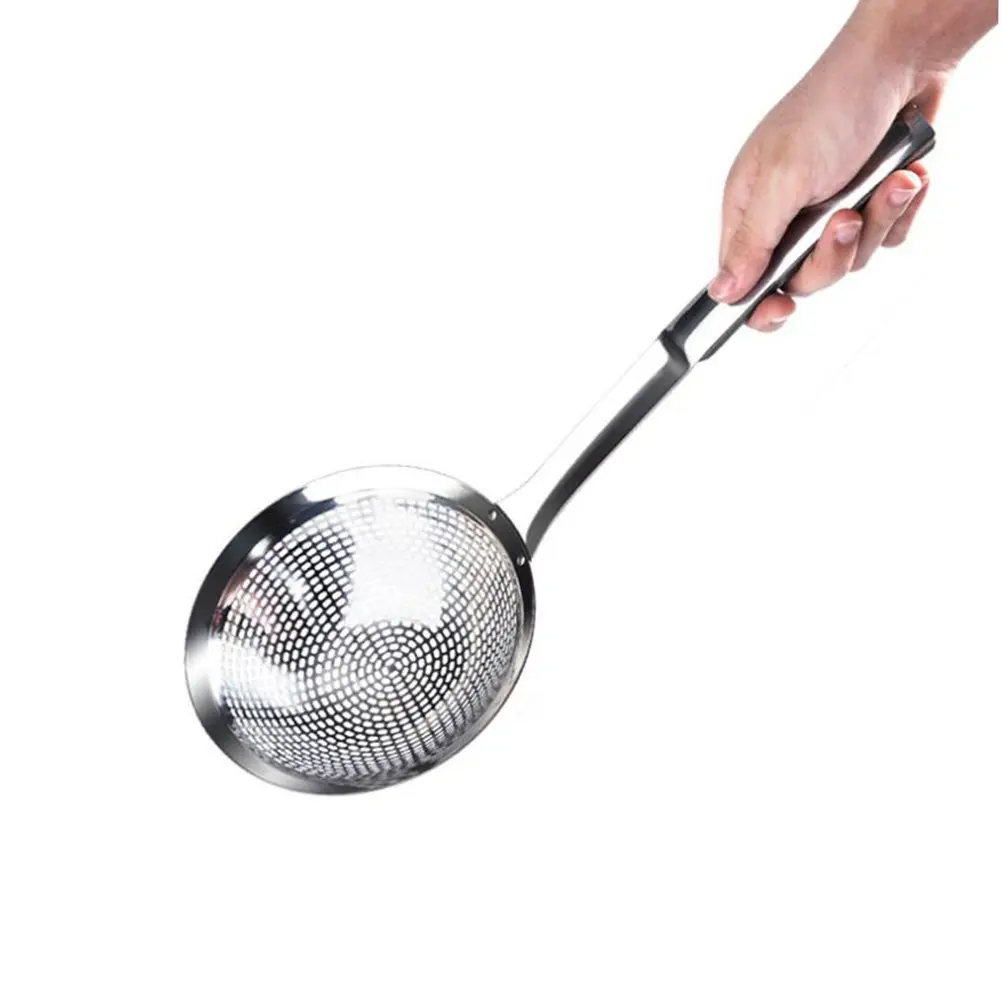 Stainless Steel Colander Scoop Medium Size High Density Hole Slotted Spoon Heat Resistant Handle Hot Pot Colander Food Serving