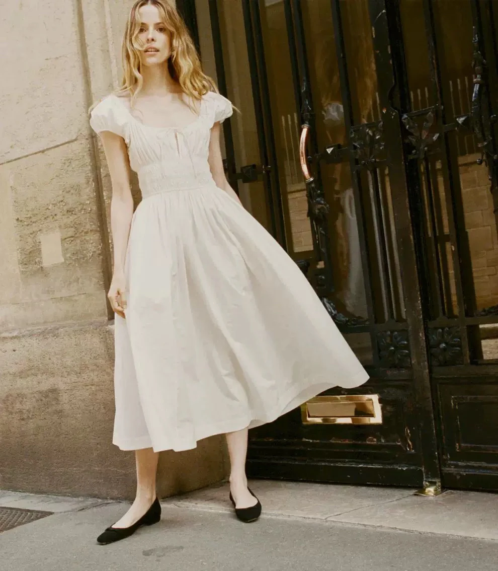 DOEN Quinn Drawstring Bubble Sleeve Maxi Dress round Neck Casual Long Skirt High Waist A-Line Summer Dress Zipper Closure