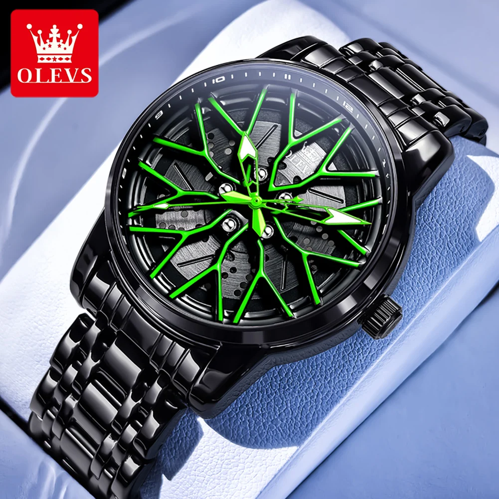 OLEVS 3701 Quartz Watch Men Skeleton Rotatable Wheel Hub Dial Waterproof Luminous Stainless steel Man Wristwatch