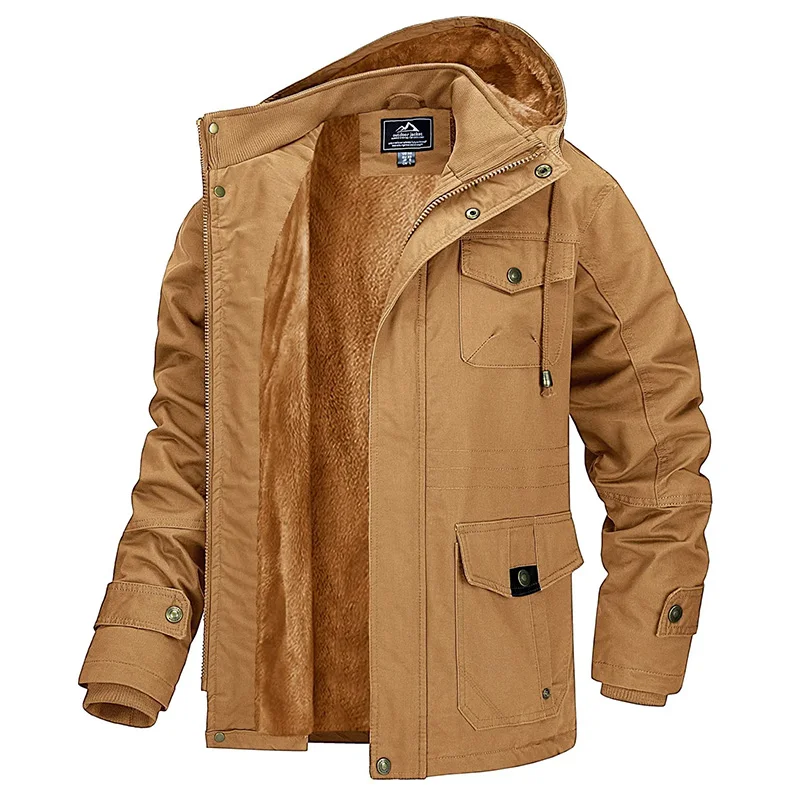 MAGCOMSEN Winter Jacket Men's Cotton Cargo Jacket Fleece Lined Thicken Work Coat Warm Parka Coat Detachable Hood Snow Ski Jacket