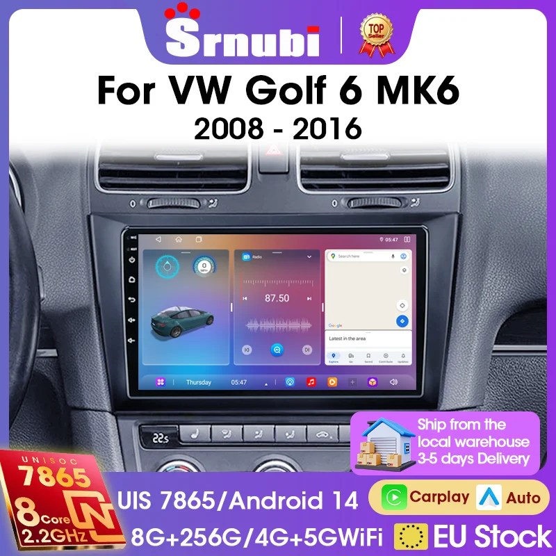 Autoradio Srnubi 9 pouces pour Volkswagen VW Golf 6 MK6 2008-2016, Carplay sans fil, Android Auto, navigation GPS, lecteur vidéo multimédia, unité principale 2 Din avec cadre, prise en charge audio DSP, commande au volant