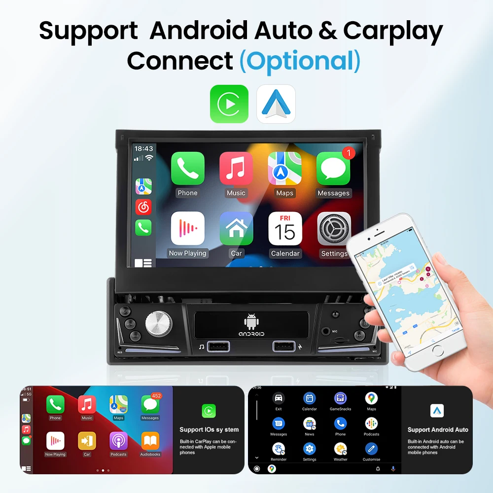 1 Din Car Radio Android 12 7 Inch Retractable Screen Multimedia Video Player Universal Carplay Android Auto GPS WIFI Car Audio