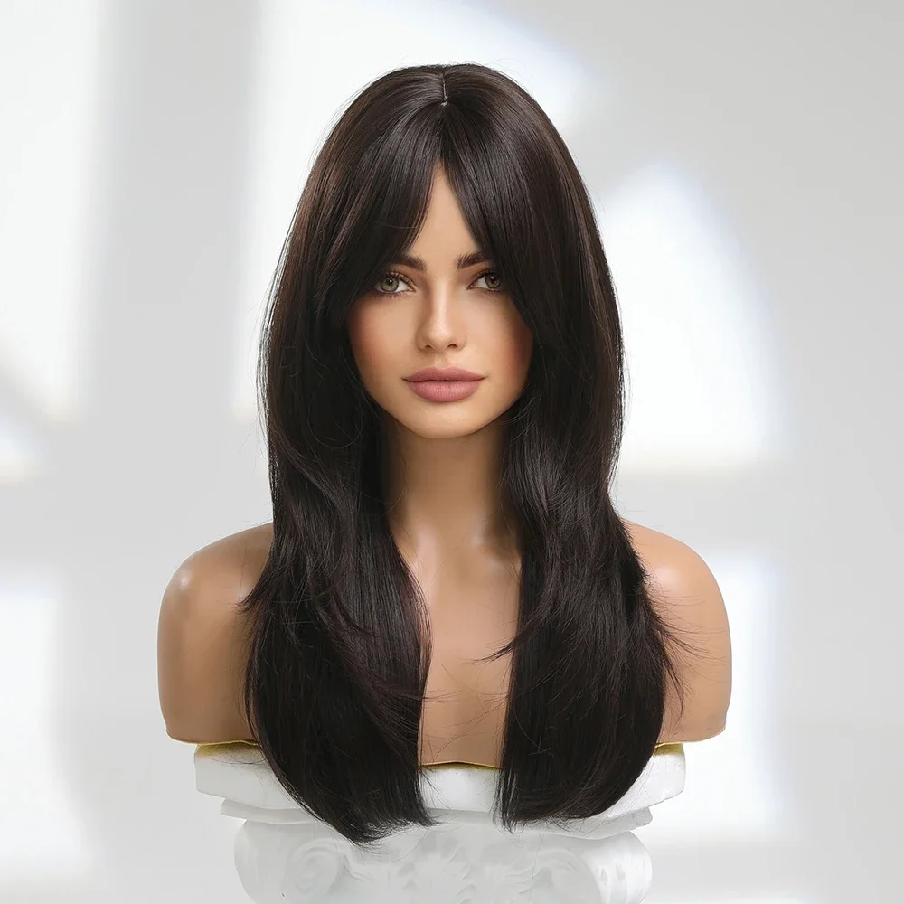 Medium Classic Synthetic Wigs Dark Brown Water Wavy Hair Wig with Side Bangs Daily Use for Heat Resistant