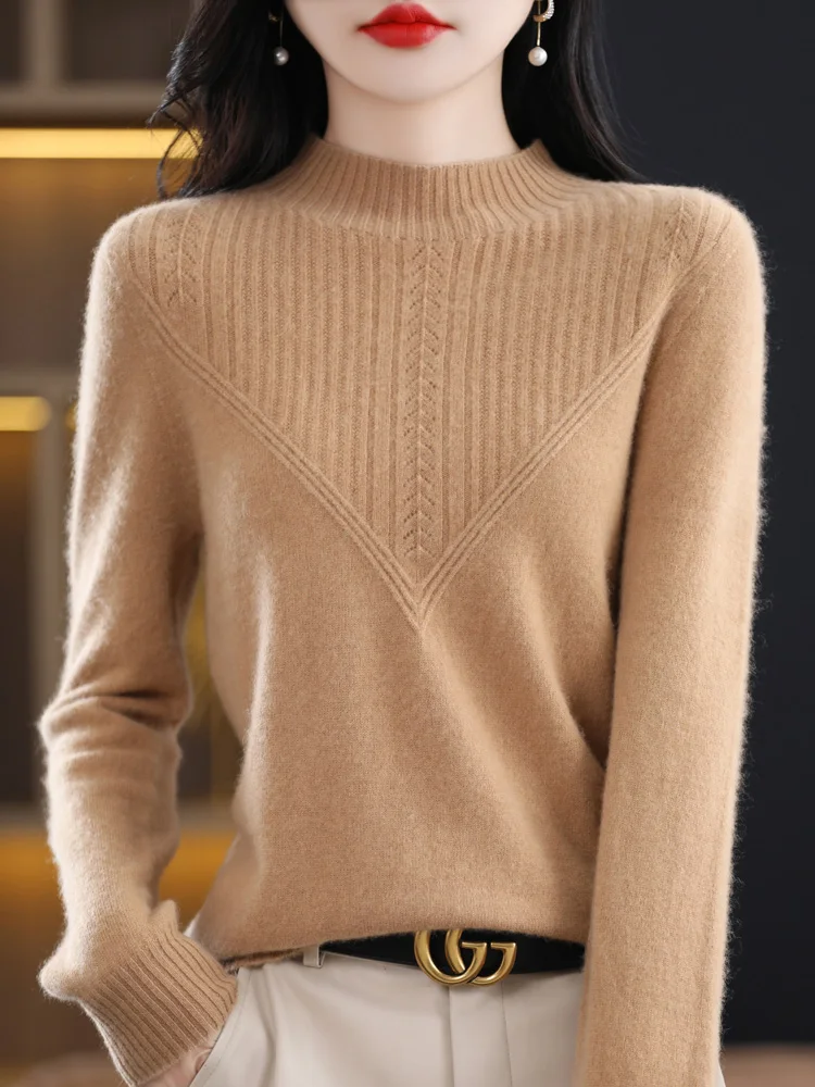 

2024 Autumn Winter Women Pure Merino Wool Sweater Striped O-Neck Pullover Knitwear Casual Basics Cashmere Clothing Tops