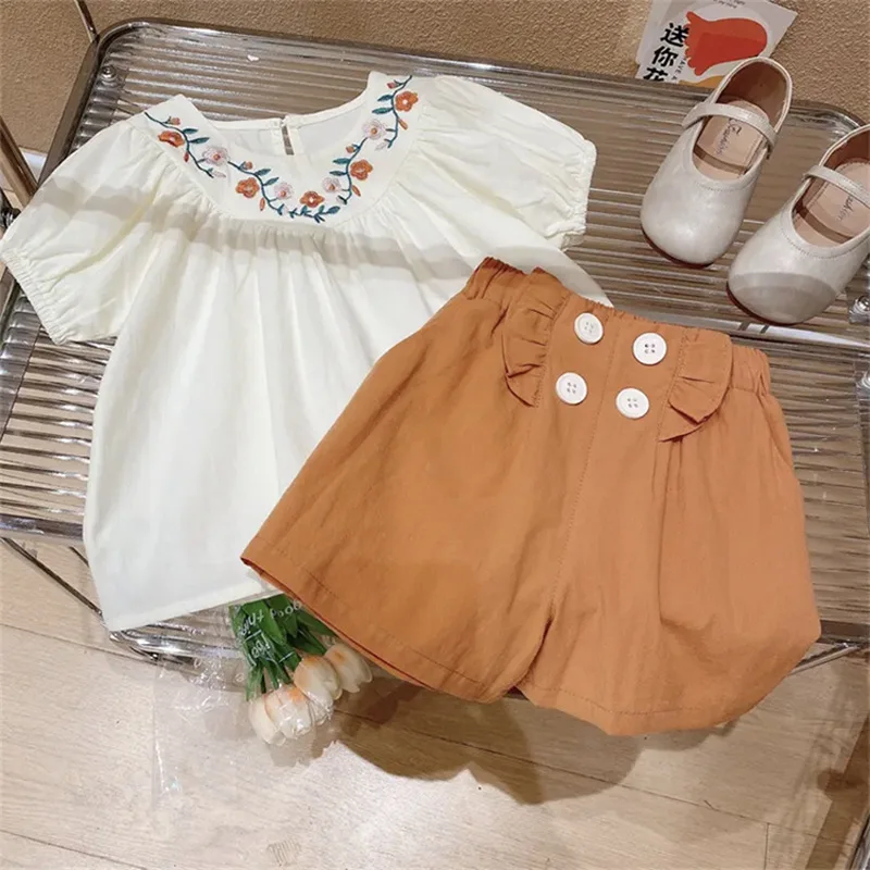 2024Summer New Girls' Suit Short Sleeve Loose Embroidered Blouse Shorts Kids Clothes Two-Piece Suit Generation Hair