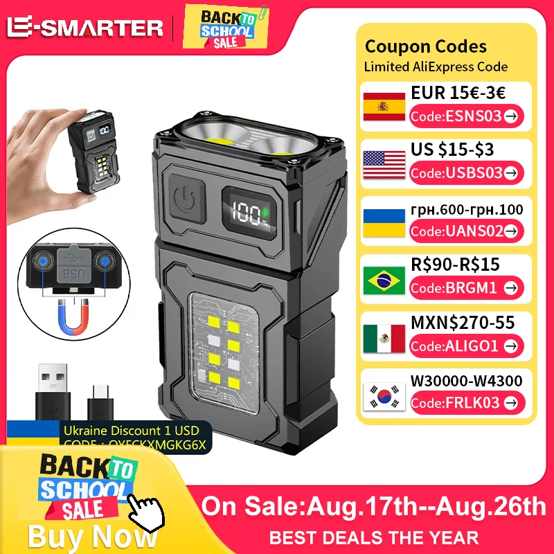 Lanterna LED Recarregável MINI USB Portátil com Ímã na Base, Super Brilhante, Lanterna de Camping, Luz de Emergência Lateral COB