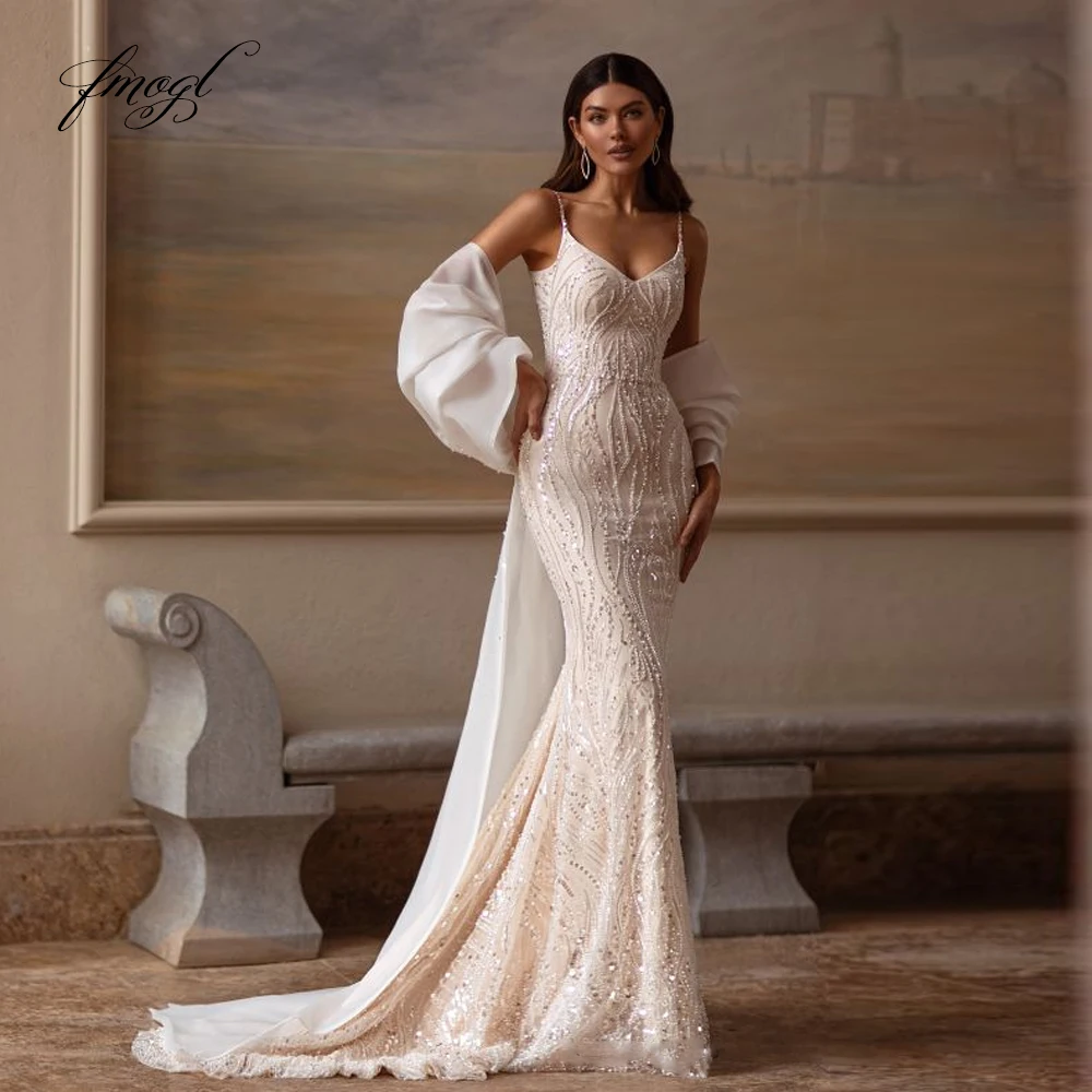 

Customized Spaghetti Straps Detachable Bow Mermaid Wedding Dresses Exquisite Vestido De Novia Lace Sequined Sexy Bridal Gowns