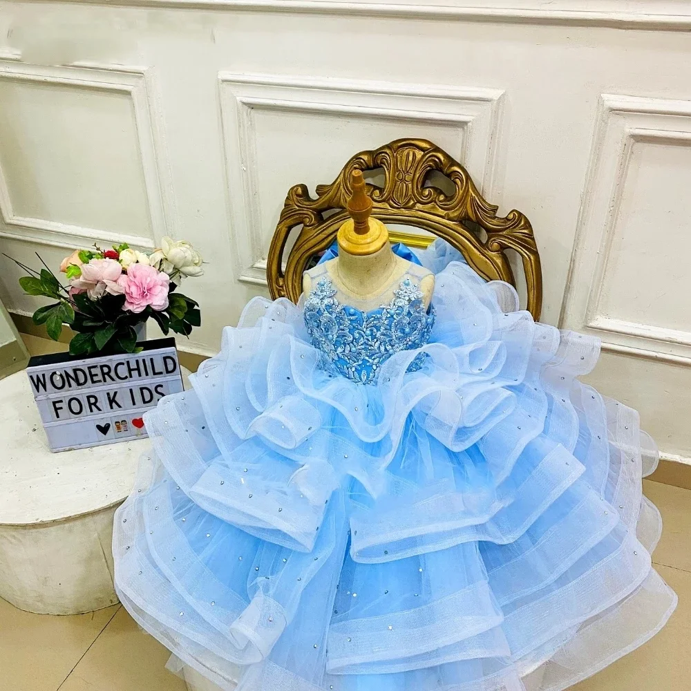 Girl Clothes Fluffy Flower Girl Dress Sky Blue Ruffles For Weddings Beading Little Girls Pageant Birthday Party Gown