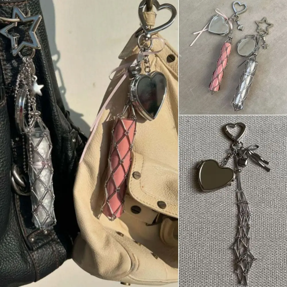 Stainless Steel Metal Net Pocket Lipstick Bag Keychain Charm Bag Accessories Interchangeable Lip Balm Keychain Silver Color Y2K