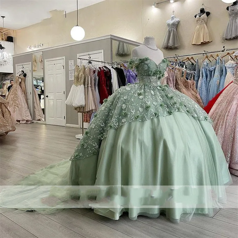 Gaun Quinceanera Hijau Mint 2022 Korset Renda Applique Bordir Putri Manis 16 15 Tahun Vestidos De 15 Años Xv