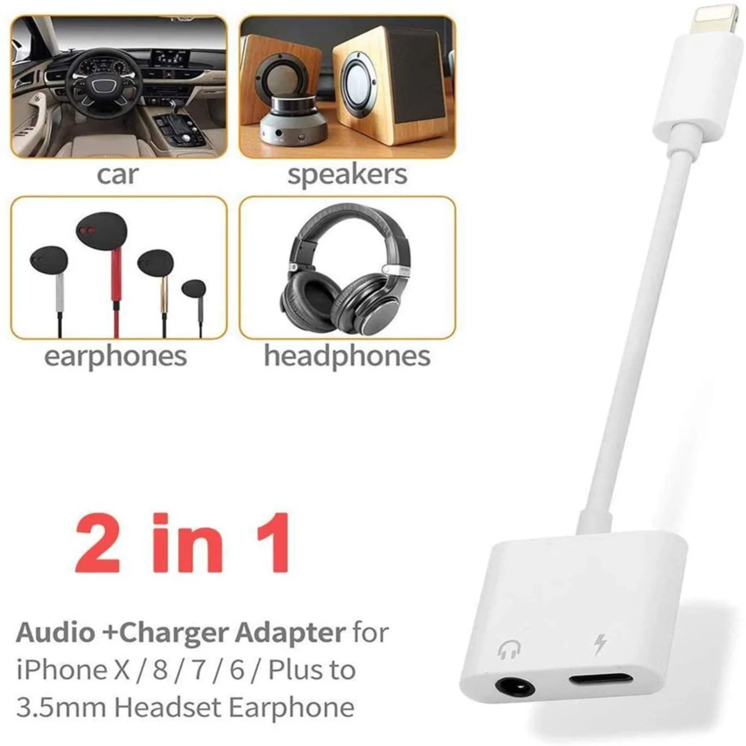 3.5mm Headphone Adapter Dual Ports Dongle Charger Jack & AUX Audio Earphone Accessory for iPhone 11/11 Pro/X/8/7 Plus/8 - Plug a