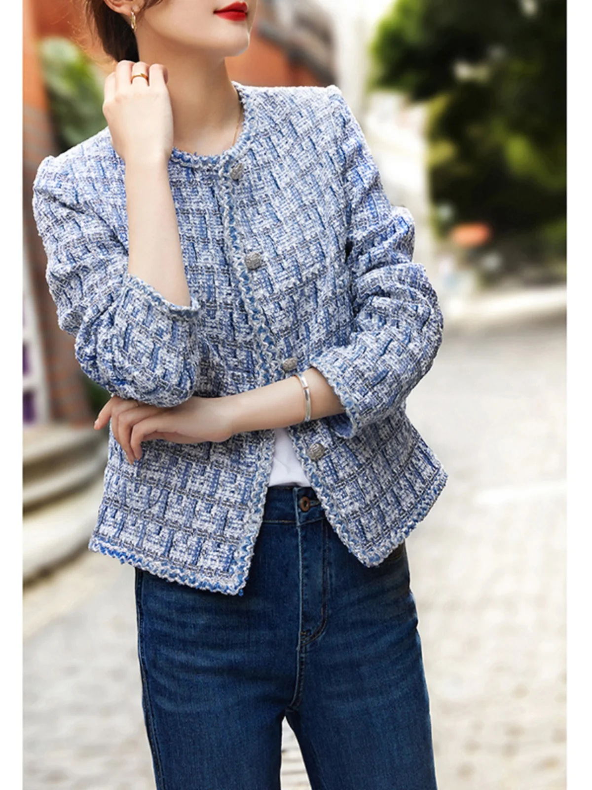 

Chenyun Small Fraance Sle Women's Jaet Early Autumn Spring Thin Knitted round Ne Blue High-End Feeling Top Women
