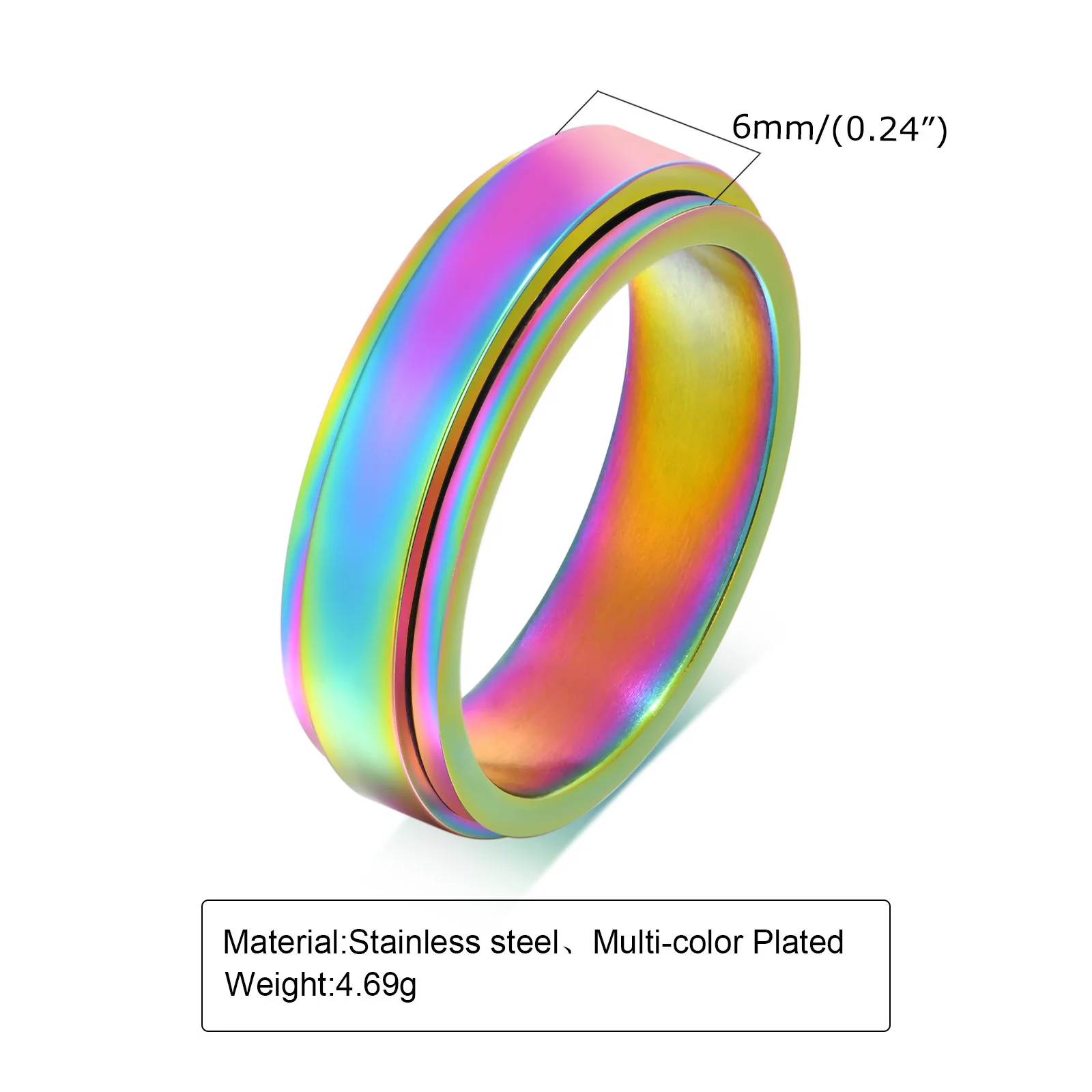 Vnox Unique Mens Spinner Rainbow Pride Wedding Promise Bands for Men Women, 6MM Stainless Steel Stress Relieving Anxiety Ring