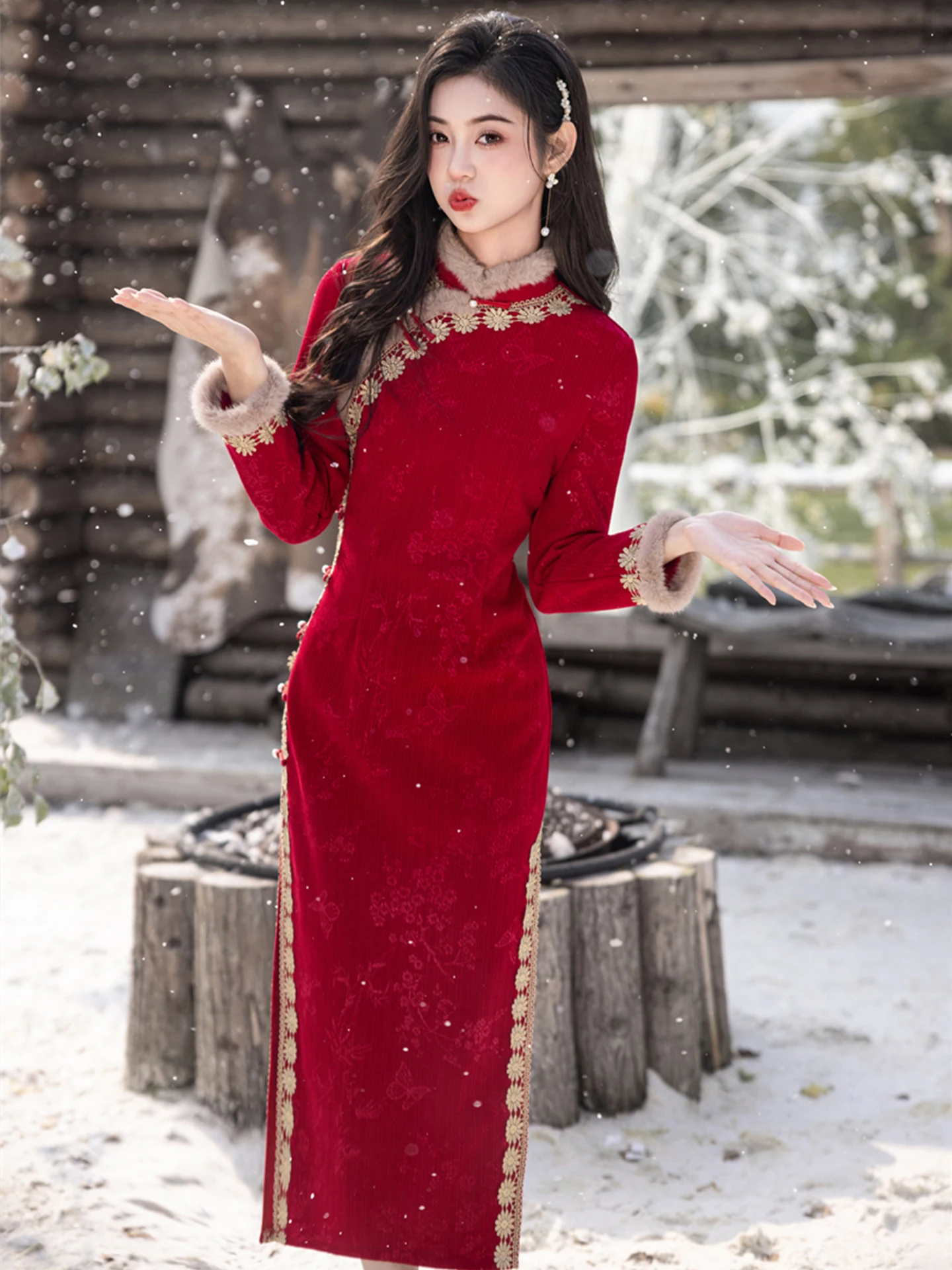 

Красный зимний костюм с длинными рукавами на флисовой подкладке, новинка 2025 года, для свадебных церемоний, новогодних праздников и посещений.