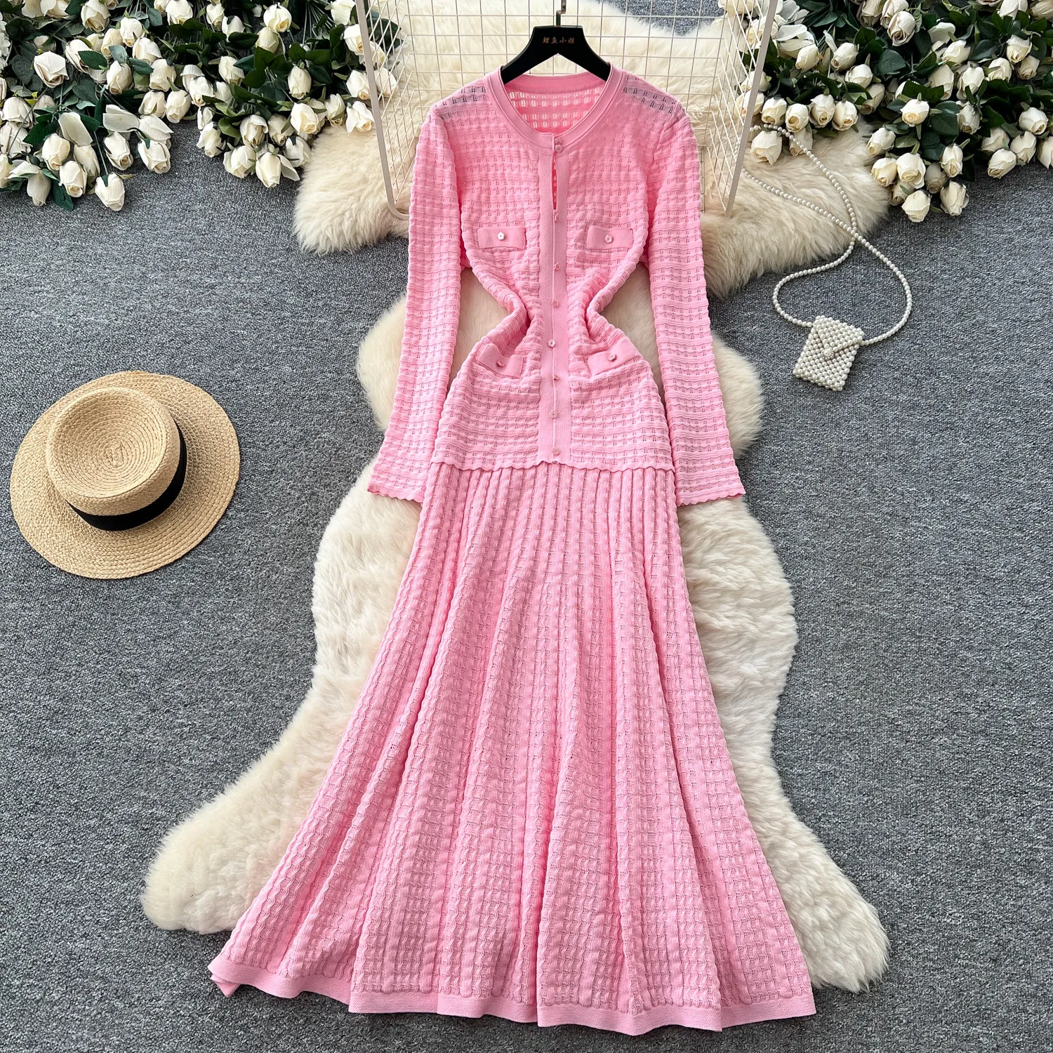 Koreanisches Strick-Maxikleid für Damen, Langarm, A-Linie, Hohe Taille, Plissiert, Schlank, Elegantes Tweed-Langkleid für den Alltag