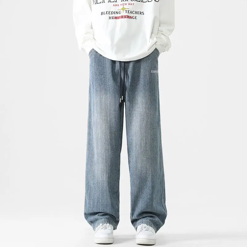 

Men's Spring And Autumn Elastic Waistband Bamboo Knot Fabric Washed Denim Jeans Loose Straight Leg Casual Wide Leg Pants