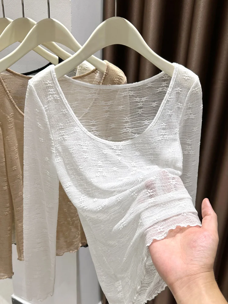 White Lace Long Sleeve round Neck Design Sensation Base Shirt Women's Thin Mesh Upper Body for Autumn Inner Match Korean Styl...