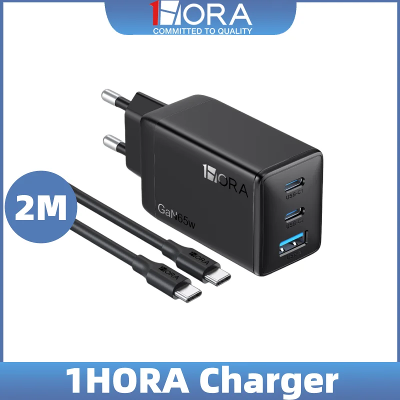 

1HORA Настенная зарядка 65 Вт, быстрая зарядка GaN Technology, 3 порта USB Type C с длительным кабелем длиной 2 м для Samsung iPhone Xiaomi Huawei Phone