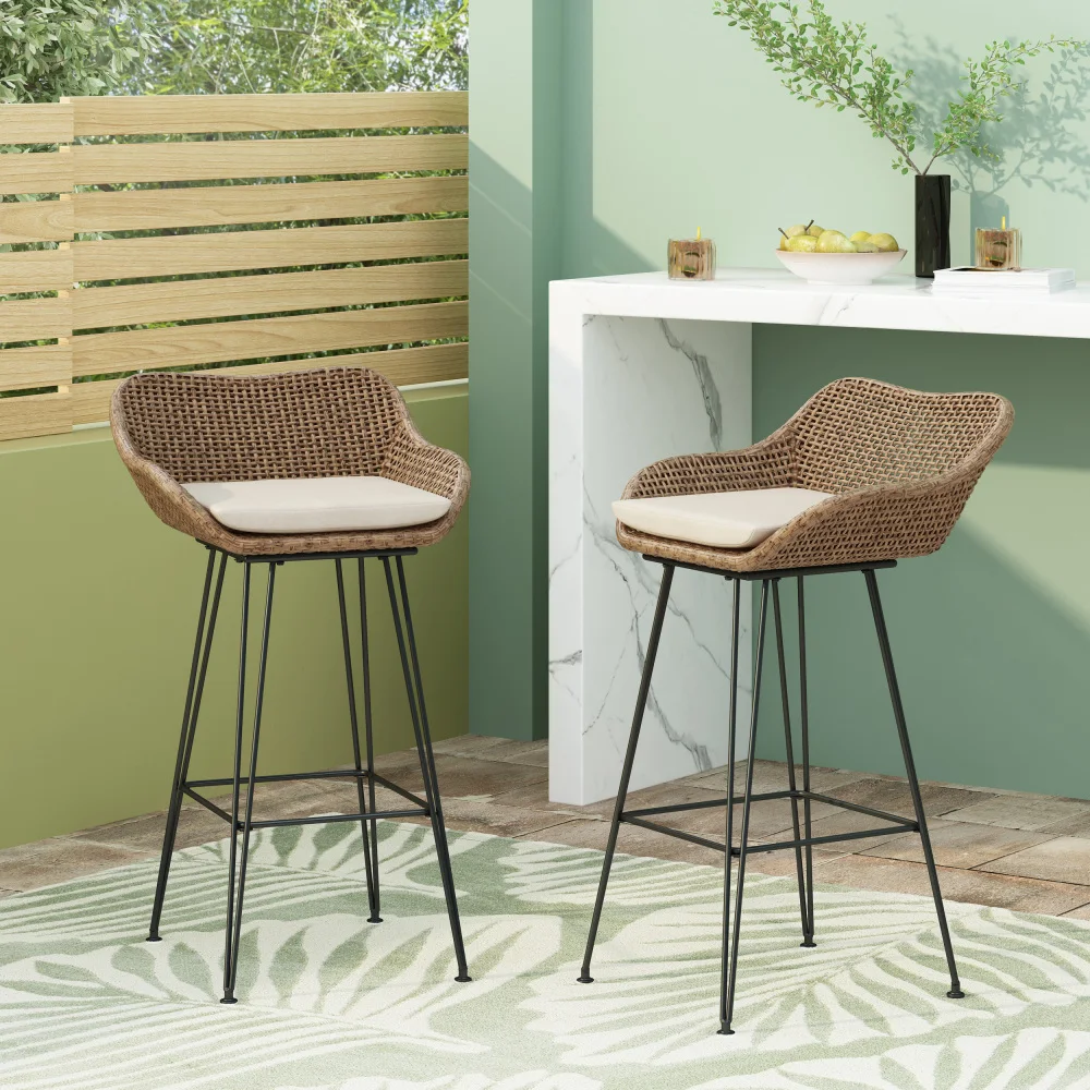 

YQXH 29.25" Outdoor Wicker and Iron Low Back Barstools, Light Brown, with Beige Cushion (Set of 2)