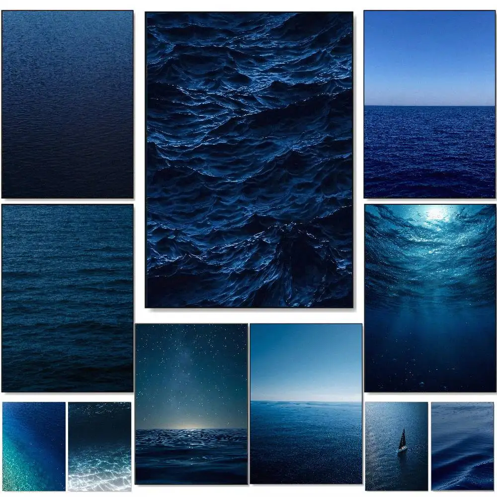 Minimal Blue Ocean Landscape Poster Calm Sea Surface Deep Blue Seawater Night Sky Sailboat Marine Peaceful Seascape Decor Poster