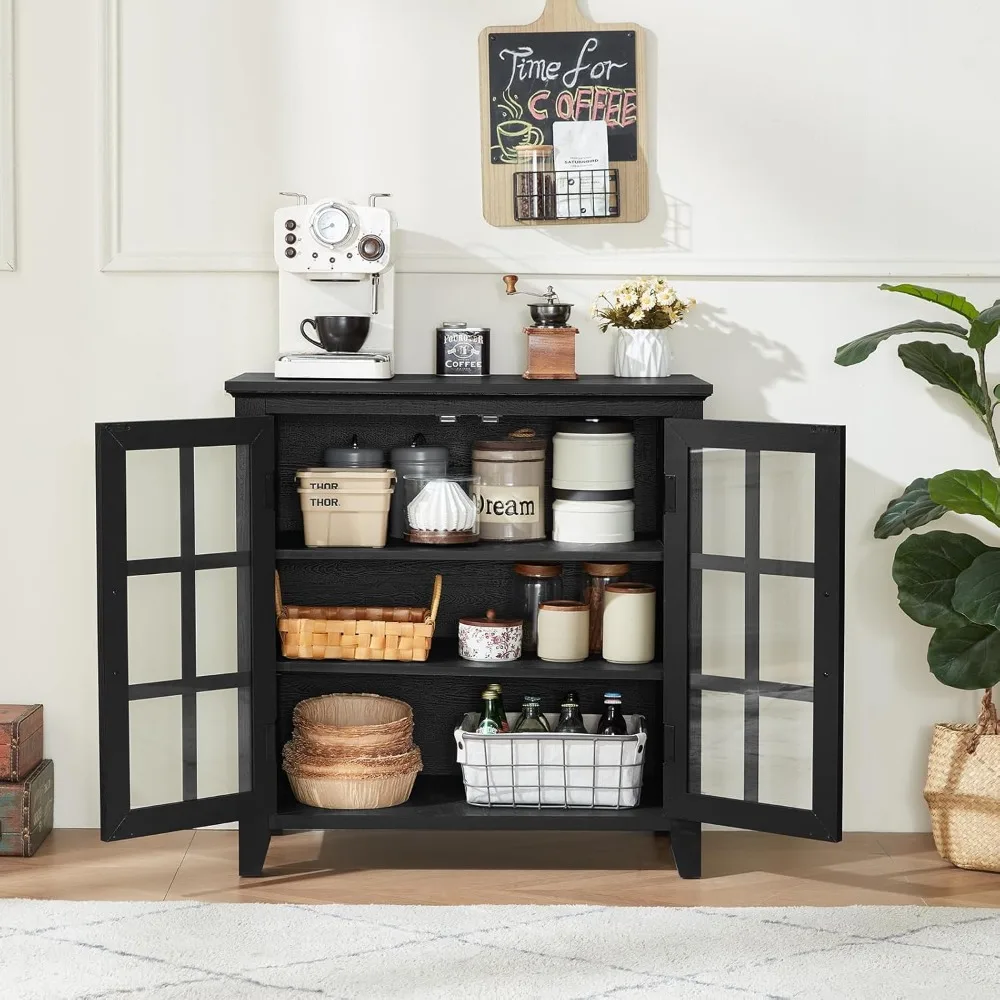 خزانة بوفيه جانبية كبيرة على طراز المزرعة مع مساحة تخزين، 32 خزانة بار نبيذ القهوة تتميز ببابين زجاجيين، مود منتصف القرن #4